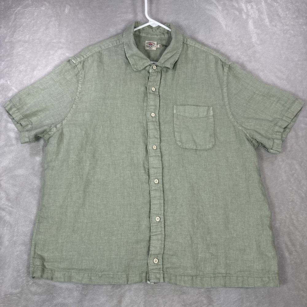Faherty Breeze Short Sleeve Button Down Shirt Mens Xl Linen Green